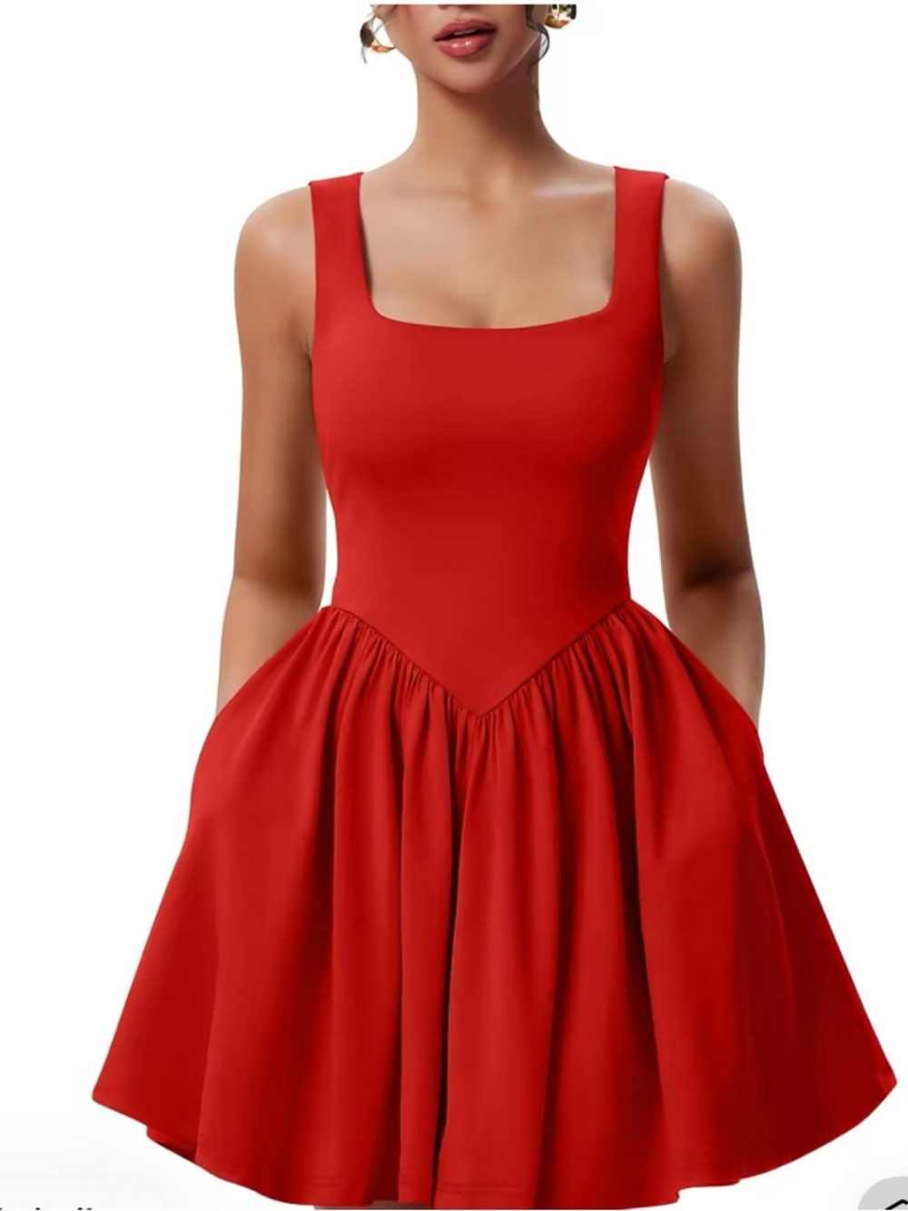 Red Square-Neck Mini Dress wirh Waistline and Flared Skirt Derby Inspired